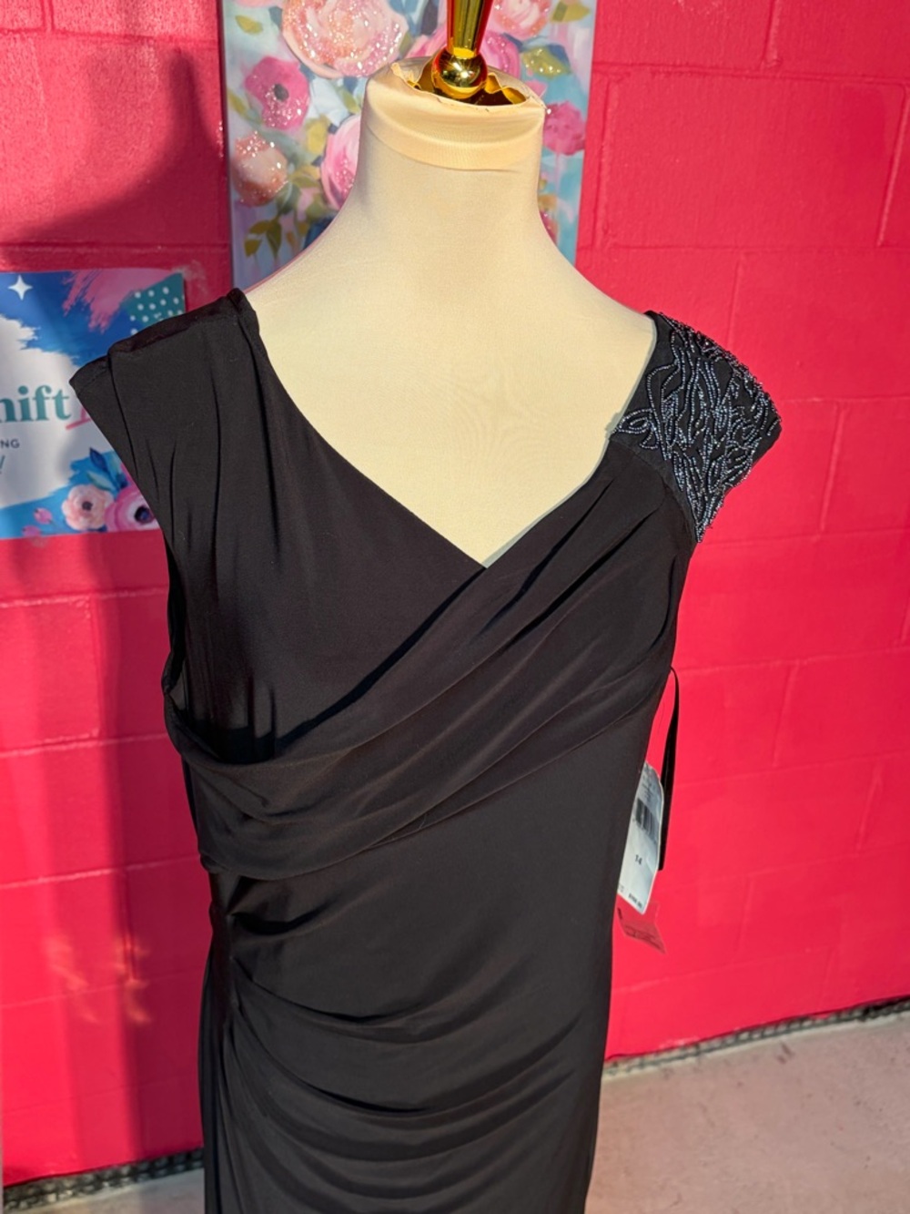 Lauren Ralph Lauren Black Beaded Shoulder Maxi Gown Size 14 Formal Dress - Picture 5 of 11